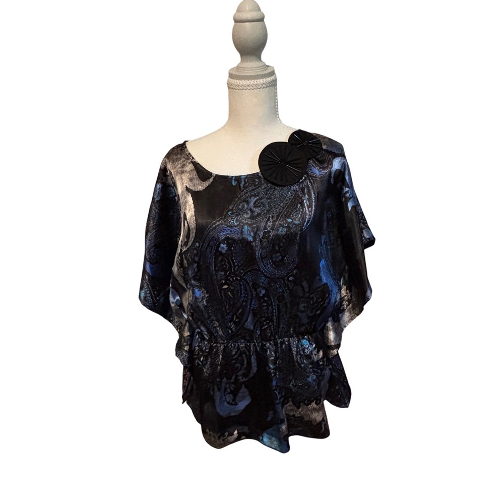 BCX Paisley Satin Blouse XL Blue Black Silver Beaded Shoulder Empire Waist Top